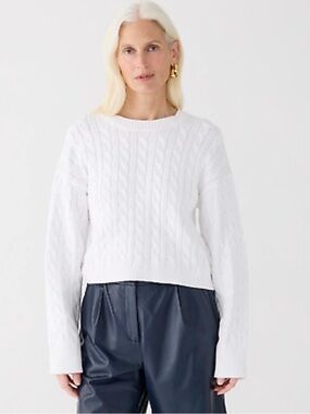 J. Crew Cropped White Cable Knit Crewneck Sweater Ribbed Small